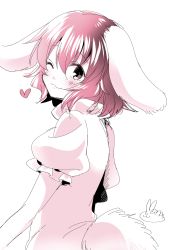 Rule 34 | 1girl, ;3, animal ears, black hair, blush, commentary request, hair between eyes, heart, highres, inaba tewi, looking at viewer, mana (tsurubeji), monochrome, one eye closed, puffy short sleeves, puffy sleeves, rabbit ears, rabbit girl, rabbit tail, short hair, short sleeves, signature, simple background, sketch, solo, tail, touhou, white background