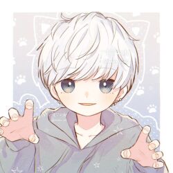 Rule 34 | 1boy, animal ears, artist name, blue eyes, border, cat ears, claw pose, collarbone, commentary request, drawstring, ear piercing, fangs, gradient background, grey hoodie, hood, hood down, hoodie, blue background, long sleeves, looking at viewer, male focus, mokunoki, original, outline, outside border, parted lips, piercing, portrait, short hair, solo, star (symbol), straight-on, twitter username, white border, white hair, white outline