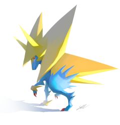 Rule 34 | animal focus, closed mouth, commentary, creatures (company), full body, game freak, gen 3 pokemon, highres, likey, looking back, manectric, mega manectric, mega pokemon, nintendo, no humans, pokemon, pokemon (creature), red eyes, signature, solo, spikes, standing