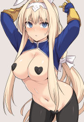 Rule 34 | 1girl, alice zuberg, animal ears, armor, arms up, black legwear, blonde hair, blue eyes, blue jacket, blush, braid, braided ponytail, breasts, covered erect nipples, cropped jacket, gauntlets, gold armor, hair between eyes, hair ribbon, hairband, heart pasties, jacket, large breasts, long hair, long sleeves, looking at viewer, maebari, meme attire, navel, open mouth, pasties, rabbit ears, revealing clothes, reverse bunnysuit, reverse outfit, ribbon, shiseki hirame, shrug (clothing), sidelocks, solo, sword art online, sword art online: alicization, thighs, white hairband, white ribbon