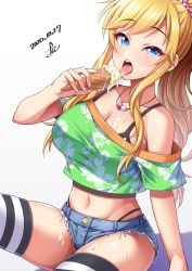 Rule 34 | 1girl, blonde hair, blue eyes, blue shorts, blush, breasts, cleavage, collarbone, denim, denim shorts, floral print, food, green shirt, highres, ice cream, ice cream cone, idolmaster, idolmaster cinderella girls, jewelry, large breasts, licking, long hair, looking at viewer, midriff, navel, necklace, ohtsuki yui, open mouth, ponytail, shirt, short shorts, shorts, sidelocks, simple background, sitting, thighs, tongue, tongue out, wavy hair, white background, yoohi