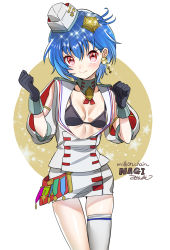 Rule 34 | 1girl, artist name, black gloves, blue hair, blush, breasts, character name, copyright name, gloves, hat, million chain, nagi (million chain), red eyes, short hair, single thighhigh, small breasts, smile, solo, star (symbol), thighhighs, white background, yanyo (ogino atsuki)
