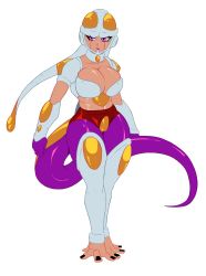 Rule 34 | 1girl, alien, armor, breasts, cleavage cutout, clothing cutout, colored skin, dragon ball, female focus, frieza clan, highres, large breasts, looking to the side, multicolored clothes, multicolored legwear, multicolored skin, original, purple eyes, solo, tail