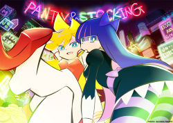 Rule 34 | 10s, 2girls, artist request, blonde hair, blue eyes, bow, city, crossed legs, dress, earrings, feet, foot focus, foreshortening, gainaxtop, hair bow, jewelry, leggings, long hair, multicolored hair, multiple girls, neon lights, official art, panty &amp; stocking with garterbelt, panty (psg), red dress, shoe dangle, siblings, sisters, sitting, soles, stocking (psg), striped clothes, striped legwear, striped thighhighs, thighhighs, two-tone hair