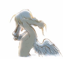 Rule 34 | 1boy, angel wings, anna kotori, arms up, artist name, automail, bare back, bare pectorals, blonde hair, braiding hair, edward elric, expressionless, fullmetal alchemist, hairdressing, highres, long hair, looking away, male focus, pectorals, simple background, solo, white background, wings