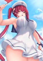 Rule 34 | 1girl, absurdres, armpits, blouse, blush, bra, breasts, dress, flag, heterochromia, highres, hololive, houshou marine, large breasts, long hair, looking at viewer, open mouth, red eyes, red flag, sailor collar, sailor dress, shirt, sleeveless, sleeveless shirt, smile, solo, tousaki (tousakiworks), twintails, underwear, virtual youtuber, white bra, white flag, white shirt, yellow eyes