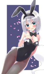 Rule 34 | 1girl, alternate costume, animal ears, black bow, black bowtie, black leotard, black pantyhose, blue eyes, blush, bow, bowtie, breasts, cleavage, commentary request, covered navel, detached collar, fake animal ears, fake tail, grey hair, heart, highres, konpaku youmu, leotard, long hair, looking at viewer, medium breasts, open mouth, pantyhose, playboy bunny, rabbit ears, rabbit tail, shishiky, solo, strapless, strapless leotard, sweat, tail, touhou