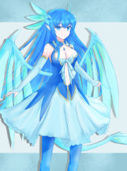 Rule 34 | 1girl, blue eyes, blue hair, breasts, dragon girl, dragon tail, dragon wings, dress, gem, gloves, highres, leviathan (zettai bouei leviathan), long hair, matching hair/eyes, midriff, monster girl, nao (ritsancrossover), pointy ears, solo, tail, very long hair, wings, zettai bouei leviathan