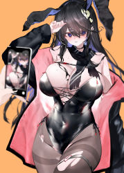 Rule 34 | absurdres, animal ears, arm up, bare shoulders, black hair, black scarf, blush, breast strap, breasts, bunny day, cellphone, cellphone photo, covered navel, hair ornament, heart, heart hair ornament, heart necklace, highres, inumata ichini, jacket, jewelry, large breasts, leotard, navel, necklace, open clothes, open jacket, pantyhose, phone, playboy bunny, purple eyes, rabbit ears, scarf, thigh strap, thighs, torn clothes, torn pantyhose, wide hips