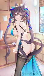 Rule 34 | 1girl, absurdres, alternate costume, animal ears, apron, ass, bare shoulders, black garter straps, blue apron, blue eyes, breasts, brown hair, ce4wgd, commentary request, ear covers, feet out of frame, garter straps, hair between eyes, highres, horse ears, horse girl, horse tail, indoors, kitchen, knife, large breasts, long hair, multicolored hair, naked apron, open mouth, single ear cover, smile, solo, streaked hair, tail, thighhighs, torn clothes, torn thighhighs, umamusume, very long hair, vivlos (umamusume), white hair, white headwear
