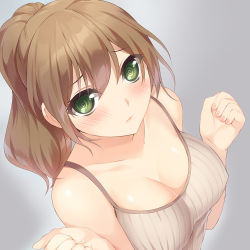 Rule 34 | 1girl, bad id, bad pixiv id, blush, breasts, brown hair, camisole, cleavage, closed mouth, collarbone, eyebrows, from above, green eyes, grey background, hair between eyes, hmniao, large breasts, long hair, looking at viewer, nail polish, original, pink nails, ringed eyes, sleeveless, solo, upper body