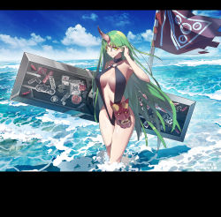 Rule 34 | 1girl, absurdres, arknights, blue sky, breasts, cloud, day, eyeliner, female focus, flag, green eyes, green hair, highres, horns, hoshiguma (arknights), letterboxed, long hair, looking at viewer, makeup, mask, ocean, outdoors, shield, single horn, skin-covered horns, sky, slingshot swimsuit, smile, solo, swimsuit, very long hair, wading, yushe quetzalli