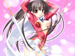 Rule 34 | 1girl, arms up, black hair, breasts, cape, center opening, cleavage, covered erect nipples, game cg, iinchou (princess witches), jpeg artifacts, kannagi rei, long hair, medium breasts, princess witches, red eyes, skirt, solo, thighhighs, very long hair, weapon, zettai ryouiki