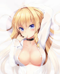 Rule 34 | 1girl, areola slip, arm up, bed sheet, blonde hair, blue eyes, blush, breast mousepad, breasts, buttons, chestnut mouth, choker, cleavage, collarbone, cross, curly hair, delores (mvv), dress shirt, eyebrows, female focus, finger to mouth, hair intakes, heart, heart-shaped pupils, jewelry, large breasts, long hair, long sleeves, looking at viewer, lying, mousepad, mousepad (medium), mvv, no bra, on back, on bed, original, pendant, pinky out, shirt, solo, symbol-shaped pupils, unbuttoned, upper body, very long hair, white shirt