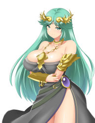 Rule 34 | 1girl, absurdres, alternate costume, armlet, bare shoulders, black dress, blush, bracelet, breast hold, breasts, cleavage, closed mouth, collarbone, cowboy shot, crossed arms, dress, forehead jewel, green eyes, green hair, highres, jewelry, kid icarus, kid icarus uprising, large breasts, long hair, looking at viewer, mokkori9, necklace, nintendo, palutena, parted bangs, side slit, smile, solo, standing, tiara, very long hair