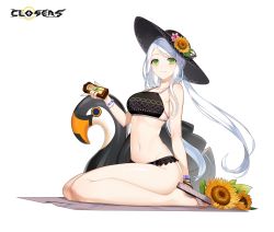 Rule 34 | 1girl, :3, bare legs, bare shoulders, bead bracelet, beads, bikini, bikini skirt, bird, black bikini, black hat, bracelet, breasts, closers, flower, green eyes, hat, hat flower, highres, holding, inflatable toy, jewelry, long hair, looking at viewer, lotion bottle, low twintails, medium breasts, nail polish, navel, official art, sandals, sitting, smile, solo, soma (closers), stomach, sun hat, sunflower, swan, swimsuit, thighs, twintails, white hair, yellow flower