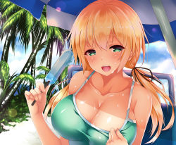 Rule 34 | 1girl, :d, bad id, bad pixiv id, beach, beach umbrella, black ribbon, blonde hair, blue sky, breasts, camisole, chair, cleavage, cloud, cloudy sky, collarbone, day, eyebrows, food, green eyes, green one-piece swimsuit, hair ribbon, hand on own chest, hands up, head tilt, holding, holding food, ice cream, large breasts, long hair, looking at viewer, low twintails, one-piece swimsuit, open mouth, original, outdoors, palm tree, papa nene, popsicle, ribbon, shade, sky, smile, solo, sweat, swimsuit, teeth, tree, twintails, umbrella, upper body