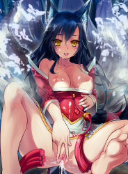Rule 34 | 1girl, ahri (league of legends), animal ears, bad id, bad pixiv id, black hair, breasts, breasts out, clitoris, cum, cum in pussy, detached sleeves, facial, facial mark, fox ears, fox tail, highres, large breasts, league of legends, long hair, looking at viewer, multiple tails, nipples, pussy, solo, spread legs, spread pussy, tail, uncensored, whisker markings, xiaoyin li