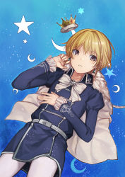 Rule 34 | 10s, 1boy, absurdres, blonde hair, blush, capelet, crescent moon, crown, earrings, fur trim, hand on own stomach, highres, idolmaster, idolmaster side-m, jewelry, looking to the side, lying, male focus, mini crown, moon, nekokitsune0905, on back, pantyhose, parted lips, pierre (idolmaster), purple eyes, short hair, sky, smile, solo, star (sky), star (symbol), starry sky, white pantyhose
