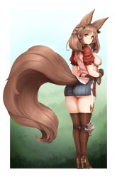 Rule 34 | 1girl, animal ear fluff, animal ears, ass, barbariank, belt, boots, breasts, brown footwear, brown gloves, brown hair, commentary, earrings, english commentary, fluffy, from behind, full body, gloves, granblue fantasy, high heel boots, high heels, highres, hip vent, jewelry, la coiffe (granblue fantasy), large breasts, large tail, long hair, looking at viewer, panties, puffy short sleeves, puffy sleeves, short sleeves, smile, solo, tail, thigh boots, thighhighs, underwear, white panties