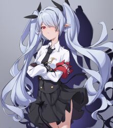 Rule 34 | 1girl, armband, black gloves, black necktie, black skirt, blue archive, breast pocket, breasts, closed mouth, collared shirt, cowboy shot, crossed arms, frown, gloves, grey hair, hair over one eye, high-waist skirt, highres, iori (blue archive), ken rqll, long hair, looking at viewer, necktie, pocket, pointy ears, red eyes, shadow, shirt, shirt tucked in, sidelocks, skirt, small breasts, solo, tail, twintails, white shirt