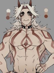 Rule 34 | 1boy, abs, alternate muscle size, arataki itto, bara, body markings, bodypaint, brown eyes, dante (rottendevilman), genshin impact, highres, horns, large pectorals, light blush, long hair, male focus, monsterification, muscular, muscular male, muted color, navel, navel hair, nipples, oni, oni horns, pectorals, red eyes, red horns, sideways glance, stomach, topless male, tusks, white hair