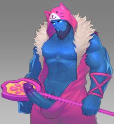 Rule 34 | 1boy, abs, animal hood, arm hair, bara, bare pectorals, bare shoulders, beard, blue skin, cat hood, chest hair, colored skin, costume request, erection, facial hair, glowing, glowing eyes, highres, hood, hunterkay, large pectorals, league of legends, male focus, male pubic hair, mature male, monster boy, muscular, muscular male, navel, navel hair, nipples, open clothes, pectorals, penis, pubic hair, short hair, solo, stomach, uncensored, veins, veiny penis, yorick (league of legends)