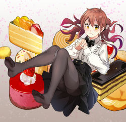 Rule 34 | 1girl, blush, brown hair, cake, feet, food, foot focus, highres, long hair, looking at viewer, pantyhose, pastry, smile, soles, toes, twintails, yellow eyes