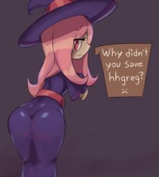 Rule 34 | 10s, 1girl, ass, hat, highres, little witch academia, pantylines, red eyes, sad, solo, speech bubble, standing, sucy manbavaran, tagme