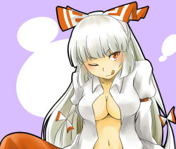 Rule 34 | 1girl, ;q, bow, breasts, cleavage, female focus, fujiwara no mokou, hair bow, large breasts, long hair, looking at viewer, navel, no bra, one eye closed, open clothes, open shirt, pakuchii, red eyes, shirt, solo, tongue, tongue out, touhou, very long hair, wink