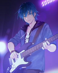 Rule 34 | 1boy, 8c, black nails, blue eyes, blue hair, earrings, electric guitar, guitar, highres, hood, hoodie, instrument, jewelry, luka couffaine, male focus, miraculous ladybug, music, nail polish, open clothes, open hoodie, playing instrument, ring, shirt, single earring, solo