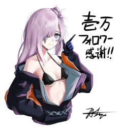 Rule 34 | 1girl, antenna hair, bad id, bad pixiv id, bare shoulders, bikini, bikini under clothes, black bikini, black gloves, breasts, chaciooh, cleavage, coat, cropped torso, eyepatch, closed eyes, facial mark, gloves, index finger raised, long hair, long sleeves, medium breasts, navel, off shoulder, one eye covered, open clothes, open coat, original, purple coat, purple eyes, purple hair, signature, simple background, smile, solo, swimsuit, translation request, white background