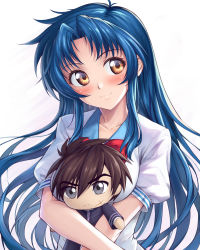 Rule 34 | 1girl, blue hair, blush, bow, bowtie, brown eyes, character doll, chidori kaname, closed mouth, collarbone, floating hair, full metal panic!, head tilt, highres, ivenglynn, long hair, looking to the side, red bow, red bowtie, sagara sousuke, school uniform, shirt, short sleeves, simple background, smile, solo, upper body, very long hair, white background, white shirt