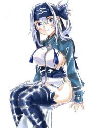 Rule 34 | 10s, 1girl, ainu clothes, bandana, black thighhighs, blue eyes, blush, breasts, commentary, cropped jacket, dress, folded ponytail, hair between eyes, hands on own hips, headband, kamoi (kancolle), kantai collection, large breasts, long hair, long sleeves, looking at viewer, sagamiso, sidelocks, simple background, sitting, sleeveless, sleeveless dress, smile, solo, thick eyebrows, thighhighs, twitter username, underwear, white background, white dress, white hair, wrist guards