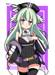 Rule 34 | 1girl, :/, absurdres, ahoge, arknights, black corset, black hat, black jacket, black thighhighs, blush, border, buttons, closed mouth, collared shirt, corset, cowboy shot, double-breasted, green hair, hat, hat feather, head tilt, head wings, hendra, highres, jacket, long hair, long sleeves, looking at viewer, off shoulder, open clothes, open jacket, outside border, poncirus (arknights), purple background, purple eyes, ribbed shirt, shirt, sidelocks, signature, simple background, solo, striped clothes, striped jacket, thighhighs, white border, white shirt, wings, zettai ryouiki