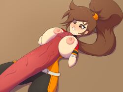 Rule 34 | 1boy, 1girl, black pants, breasts, breasts out, brown background, brown eyes, brown hair, clothes lift, cowboy shot, cropped shirt, dungeon and fighter, eyebrows, eyelashes, fighter (dungeon and fighter), gigantic penis, gloves, grin, hands on own chest, hetero, highres, large breasts, lepire, long hair, looking at penis, looking down, lying, matching hair/eyes, nipples, on back, orange sash, orange shirt, paizuri, pants, penis, ponytail, red gloves, sash, shirt, shirt lift, simple background, smile, solo focus, straddling paizuri, striker (dungeon and fighter), teeth, uncensored