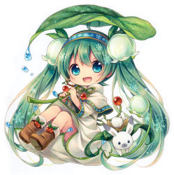 Rule 34 | 1girl, :3, :d, ahoge, blue eyes, blush, boots, rabbit, capelet, chibi, flower, full body, green hair, hair flower, hair ornament, hairband, hatsune miku, holding, kagami leo, leaf, long hair, no nose, open mouth, smile, snowdrop (flower), snowflakes, twintails, very long hair, vocaloid, white background, yuki miku, yukine (vocaloid)