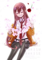 Rule 34 | 1girl, 2023, absurdres, artist name, belt, black pantyhose, breast pocket, breasts, character name, cherry blossoms, closed eyes, closed mouth, collared shirt, dated, english text, eyelashes, facing viewer, falling flower, falling petals, flower, hands up, happy birthday, highres, invisible chair, jacket, long hair, long sleeves, makise kurisu, necktie, orange jacket, pantyhose, petals, pocket, red flower, red hair, red necktie, red rose, rose, shirt, sidelocks, sitting, small breasts, smile, solo, steins;gate, thorns, vermicul-um, white background, white belt, white shirt