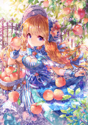 Rule 34 | 1girl, artist name, basket, beads, blonde hair, blue bow, blue dress, blue eyes, blush, bonnet, bow, braid, breasts, cleavage, cleavage cutout, clothing cutout, dress, fence, flower, food, frills, fruit, gem, hair ribbon, holding, holding basket, holding food, holding fruit, ironwork, long hair, looking at viewer, medium breasts, original, peach, plant, purple eyes, ribbon, skirt hold, smile, solo, standing, striped bow, striped clothes, striped dress, twin braids, vertical-striped clothes, vertical-striped dress, wrist cuffs, zenyu