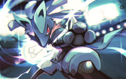 Rule 34 | blurry, body fur, commentary request, creatures (company), fighting stance, furry, game freak, gen 4 pokemon, glowing, incoming attack, legs apart, light, lucario, nintendo, pokemon, pokemon (creature), red eyes, solo, sparkle, spikes, stadium, yottur