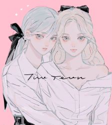 Rule 34 | 2girls, animification, black bow, black pants, blonde hair, blue eyes, blue hair, bow, collarbone, hair bow, head tilt, highres, hug, jeongyeon (twice), k-pop, long hair, looking at viewer, multiple girls, nayeon (twice), off shoulder, pants, pink background, qiao nan 1028 hao, real life, shirt, straight-on, twice (group), upper body, white shirt