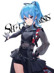 Rule 34 | 1girl, asymmetrical legwear, asymmetrical sleeves, belt, black gloves, blue eyes, blue hair, commentary request, ear piercing, earclip, earrings, english text, floral print, gloves, hair ribbon, high collar, highres, hololive, hoshimachi suisei, hoshimachi suisei (shout in crisis), jewelry, long hair, long sleeves, official alternate costume, official alternate hairstyle, open mouth, piercing, pisuke wan, ponytail, ribbon, see-through, see-through sleeves, sidelocks, single glove, solo, star (symbol), star in eye, symbol in eye, virtual youtuber, white background