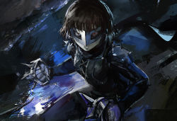 Rule 34 | 10s, 1girl, biker clothes, bodysuit, brass knuckles, brown hair, corset, fighting stance, gloves, holding, holding weapon, long sleeves, looking at viewer, mask, niijima makoto, parted lips, persona, persona 5, qosic, red eyes, scarf, serious, short hair, shoulder spikes, simple background, solo, spikes, upper body, weapon
