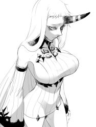 Rule 34 | 10s, 1girl, abyssal ship, bad id, bad pixiv id, breasts, claws, detached sleeves, dress, greyscale, horns, kantai collection, large breasts, long hair, monochrome, ribbed dress, seaport princess, short dress, sideboob, single horn, solo, white hair, zuwai kani