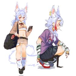 Rule 34 | 1girl, alternate costume, animal ear fluff, animal ears, arm warmers, bag, black footwear, black skirt, breasts, commentary, ear piercing, english commentary, extra ears, fox ears, fox girl, hair behind ear, highres, holding, holding bag, holding phone, looking to the side, low twintails, navel, nijisanji, nijisanji en, nina kosaka, phone, piercing, purple shirt, shirt, shoes, shou (noodle0306), sketch, skirt, small breasts, sneakers, squatting, stomach, tube socks, twintails, virtual youtuber, white footwear, aged down