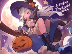 Rule 34 | 1girl, :d, bandages, black cape, black footwear, black gloves, black hat, black sleeves, boots, breasts, broom, broom riding, cape, character request, check character, commentary request, detached sleeves, floating hair, full moon, girls&#039; frontline, gloves, grey hair, gun, hair over one eye, handgun, harufude, hat, high heel boots, high heels, highres, holding, holding gun, holding weapon, korean text, long hair, long sleeves, medium breasts, moon, name connection, object namesake, open mouth, orange eyes, shoe soles, sitting, smile, solo, star (sky), tokarev (girls&#039; frontline), tokarev (thief of sweetness) (girls&#039; frontline), tokarev tt-33, underboob, very long hair, weapon, witch hat