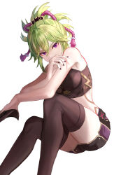 Rule 34 | 1girl, absurdres, bare shoulders, black nails, breasts, crop top, cross scar, feet out of frame, genshin impact, green hair, hand on own arm, high ponytail, highres, holding, holding mask, kuki shinobu, mask, unworn mask, medium breasts, midriff, ponytail, purple eyes, scar, short ponytail, short shorts, shorts, solo, thighhighs, uli (bredkgod)