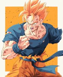 Rule 34 | 1boy, amputee, angry, biceps, blonde hair, blue sash, blue shirt, blue wristband, border, bruise, bure (fantasticyouth7), clenched hand, collarbone, commentary request, dougi, dragon ball, dragonball z, green eyes, hand up, highres, injury, male focus, missing limb, muscular, muscular male, open mouth, orange background, outside border, pectorals, sash, scar, scar on face, scratches, shirt, short hair, short sleeves, simple background, solo, son gohan, son gohan (future), spiked hair, super saiyan, super saiyan 1, teeth, tongue, torn clothes, torn shirt, v-shaped eyebrows, white border, wristband