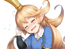 Rule 34 | 1girl, bad id, bad pixiv id, blonde hair, blue shirt, blush, charlotta (granblue fantasy), collared shirt, commentary request, crown, closed eyes, fang, flying sweatdrops, furrowed brow, gloves, granblue fantasy, hair between eyes, harvin, harvin, head tilt, long hair, o (rakkasei), parted lips, pointy ears, shirt, short sleeves, simple background, smile, solo, upper body, white background, white gloves, white shirt, wing collar