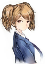 Rule 34 | 10s, 1girl, blazer, blue jacket, blue necktie, breasts, brown hair, closed mouth, collared shirt, eyelashes, from side, frown, jacket, kuroe futaba, light brown hair, long hair, looking at viewer, md5 mismatch, nannacy7, necktie, red eyes, shirt, simple background, solo, swept bangs, twintails, underwear, upper body, white background, white shirt, world trigger